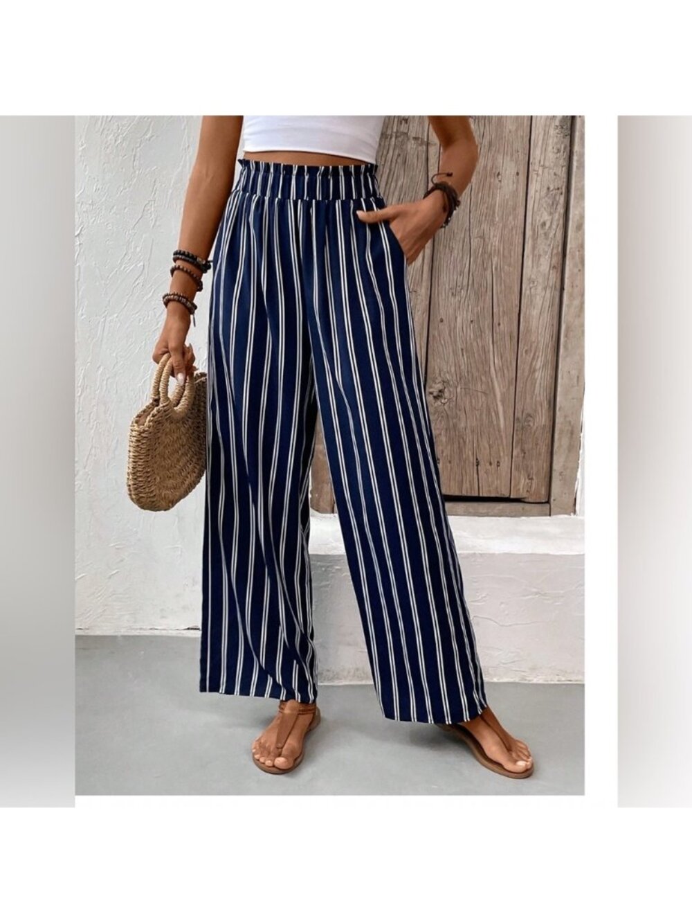 Striped Wide Leg Pants Blue - Picture 1 of 6